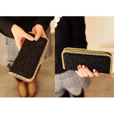 Casual Women's Wallet With Leopard Print Black Chain Design
